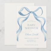Blue Bow Minimalist Baby Shower Invitation (Devant / Derrière)
