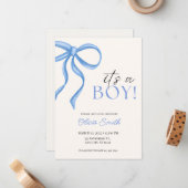 Blue Bow Minimalist Baby Shower Invitation (Devant/Arrière en situation)