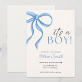 Blue Bow Minimalist Baby Shower Invitation (Devant / Derrière)