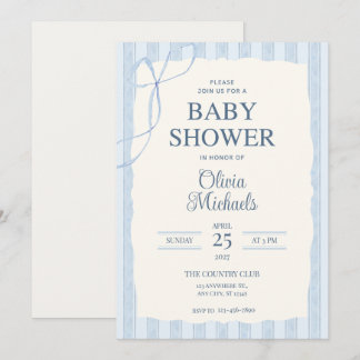 Blue Bow Minimalist Baby Shower Invitation Notitiekaartje