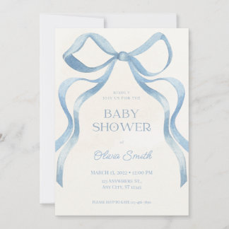Blue Bow Minimalist Baby Shower Invitation Notitiekaartje
