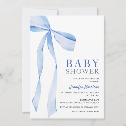 Blue Bow Modern Boy Baby shower Invitation (Devant)