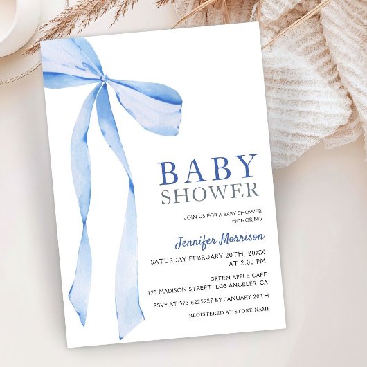 Blue Bow Modern Boy Baby shower Kaart