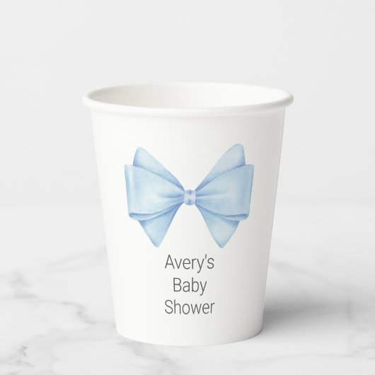 Blue Bow Modern Boy Baby shower Papieren Bekers (Achterkant)