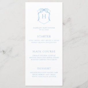 Blue Bow Monogram Crest Baby shower Menu