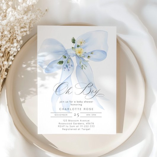 Blue Bow Oh Boy waterverf Baby Boy Shower Kaart