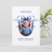 Blue Bow Oval Lijst Prettige feestdagen Feestdagenkaart (Staand voorkant)