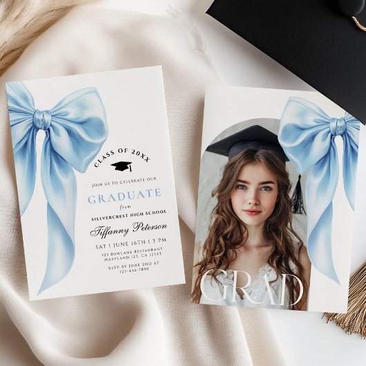Blue Bow Photo Graduation Invitation Kaart