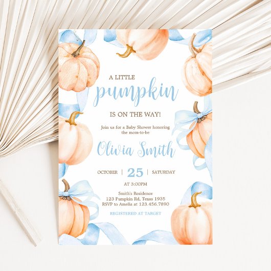 Blue Bow Pumpkin Baby Shower Kaart