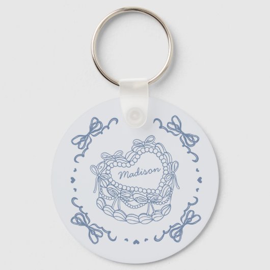 Blue Bow Retro Heart Coquette Cake Favorieten Sleutelhanger (Voorkant)