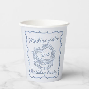 Blue Bow Retro Heart Coquette Cake Verjaardag Papieren Bekers