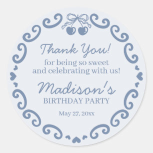 Blue Bow Retro Heart Coquette Cake Verjaardag Ronde Sticker