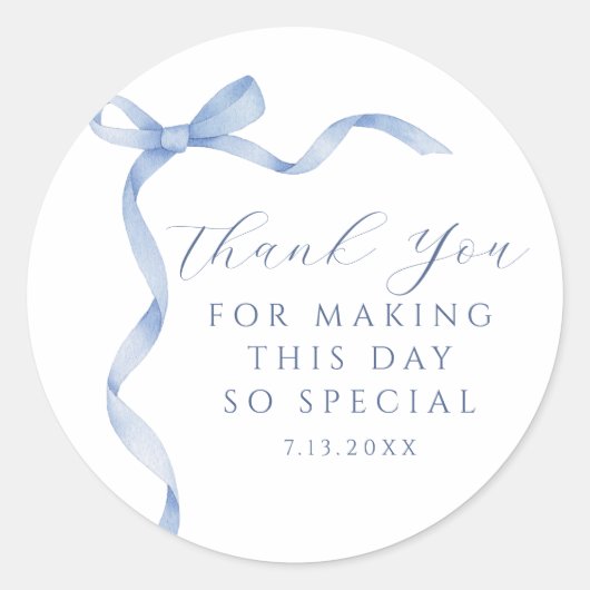 Blue Bow Ribbon Bedankt Ronde Sticker (Voorkant)