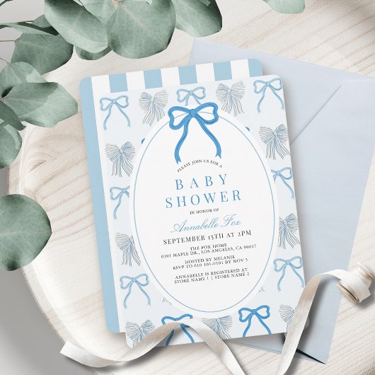 Blue Bow Ribbon Pattern Boy Baby Shower Kaart