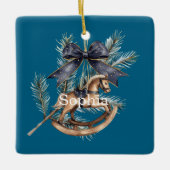 Blue Bow Rocking Horse Christmas Keramisch Ornament (Voorkant)