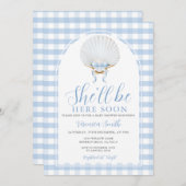 Blue Bow She'll Be Here Soon Sea Shell Baby Shower Kaart (Voorkant / Achterkant)