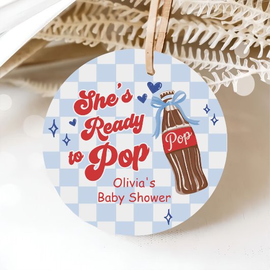 Blue Bow She's Ready to Pop Baby Shower Bedankjes Labels