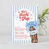 Blue Bow She's Ready to Pop Baby Shower Invitation (Debout devant)