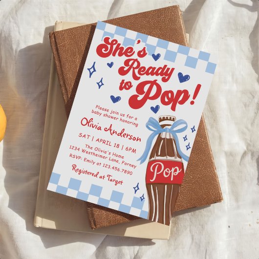 Blue Bow She's Ready to Pop Baby Shower Kaart