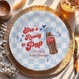 Blue Bow She's Ready to Pop Baby Shower Papieren Bordje