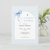 Blue Bow Striped Baptism Invitation for Boys (Debout devant)