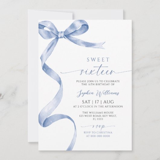 Blue Bow Sweet 16 verjaardagsuitnodiging Kaart (Voorkant)