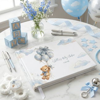 Blue Bow Teddy Bear Balloons Clouds Baby Boy Gastenboek