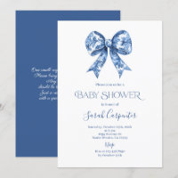 Blue Bow Toile Baby shower Boy Invitation
