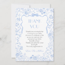 Blue Bow Toile De Jouy Baby Shower Thank You Card