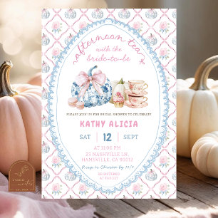  Blue Bow Toile Tea vrijgezellenfeest Kaart