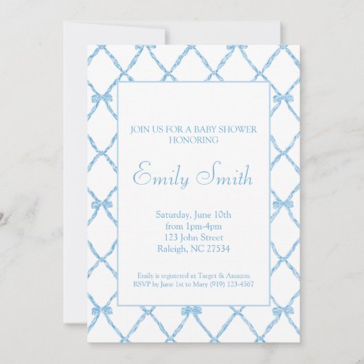 Blue Bow Trellis Baby Boy Shower Invitation (Devant)