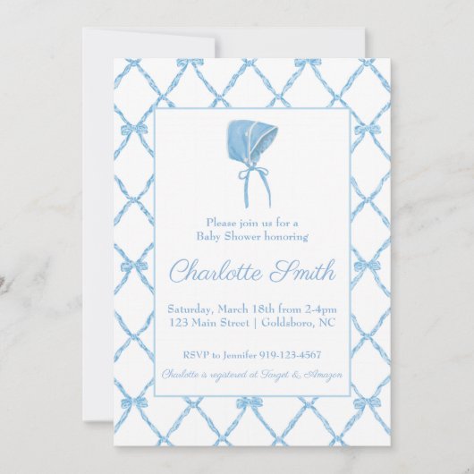 Blue Bow Trellis Baby shower Invitation Kaart (Voorkant)