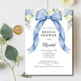 Blue Bow Watercolor Florals Bridal Shower Kaart