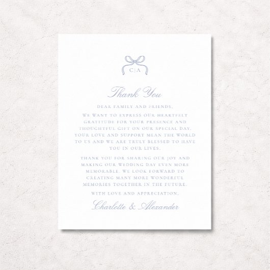 Blue Bow Wedding Thank You Card Kaart