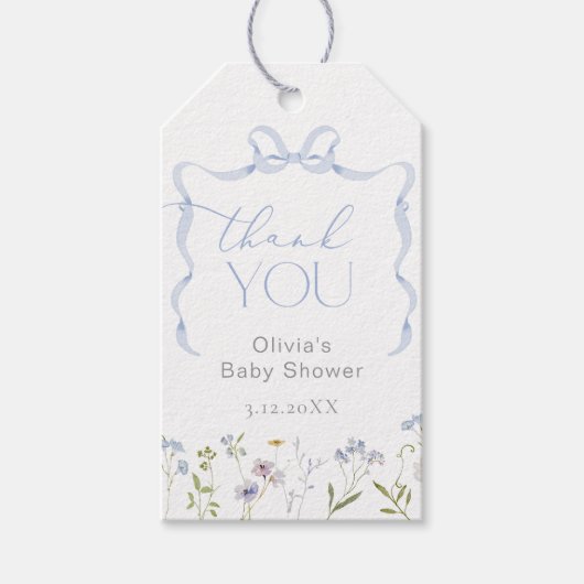 Blue Bow Wildflower Baby in bloei Dank u Cadeaulabel (Voorkant)