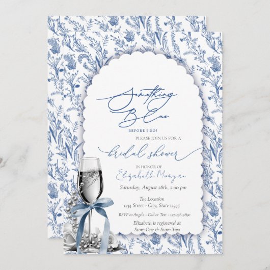 Blue Bow Wildflowers Parels en Prosecco Kaart (Voorkant / Achterkant)