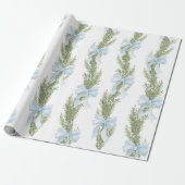 Blue Bow Winter Green Wrapping Paper Cadeaupapier (Uitgerold)