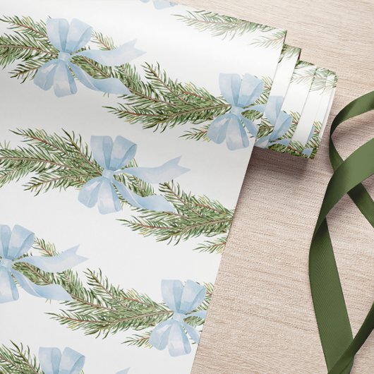 Blue Bow Winter Green Wrapping Paper Cadeaupapier