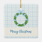 Blue Bow Wreath Gingham Photo Christmas Keramisch Ornament (Achterkant)