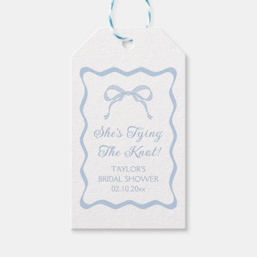 Blue Bow Ze bindt de knoop Vrijgezellenfeest gunst Cadeaulabel (Voorkant)