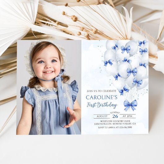 Blue Bows Balloons 1st Birthday Invitation Kaart
