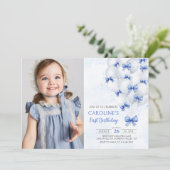 Blue Bows Balloons 1st Birthday Invitation Kaart (Staand voorkant)