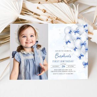 Blue Bows Balloons Verjaardag foto uitnodiging