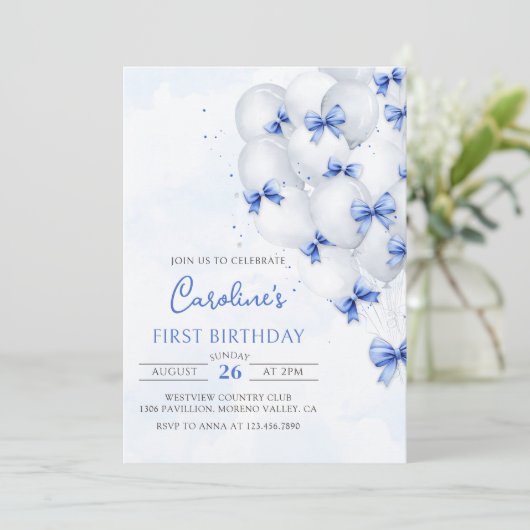 Blue Bows Balloons Verjaardag Uitnodiging (Staand voorkant)