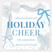 Blue Bows Holiday Cheer Foto van Kerstmis Vierkante Sticker (Voorkant)