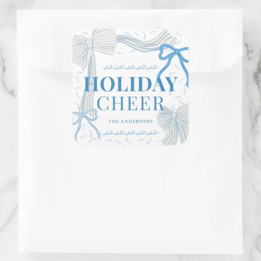 Blue Bows Holiday Cheer Foto van Kerstmis Vierkante Sticker (Tas)