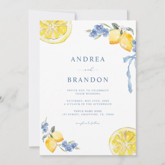 Blue Bows & Lemons Italian QR Code Wedding Kaart (Voorkant)