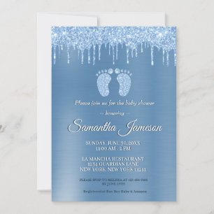 Blue Boy Baby shower Glitter Drip Baby Feet Invita Kaart