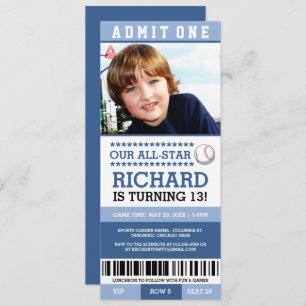 Blue Boy Baseball Ticket Birthday Invites Kaart