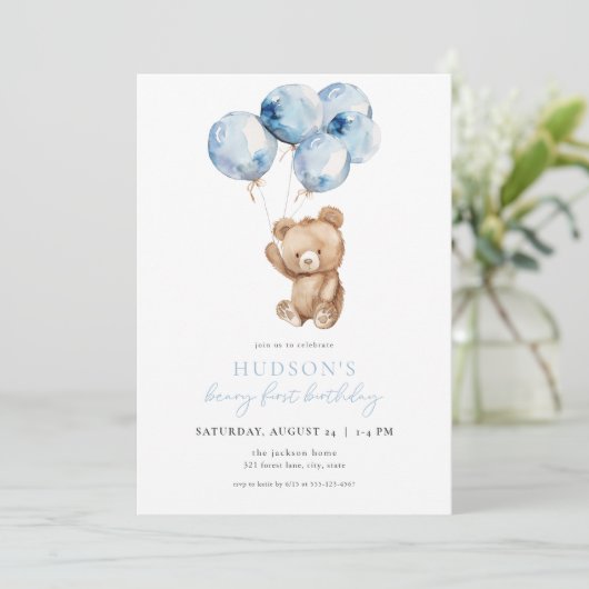 Blue Boy Beary Eerste Verjaardag uitnodiging (Staand voorkant)